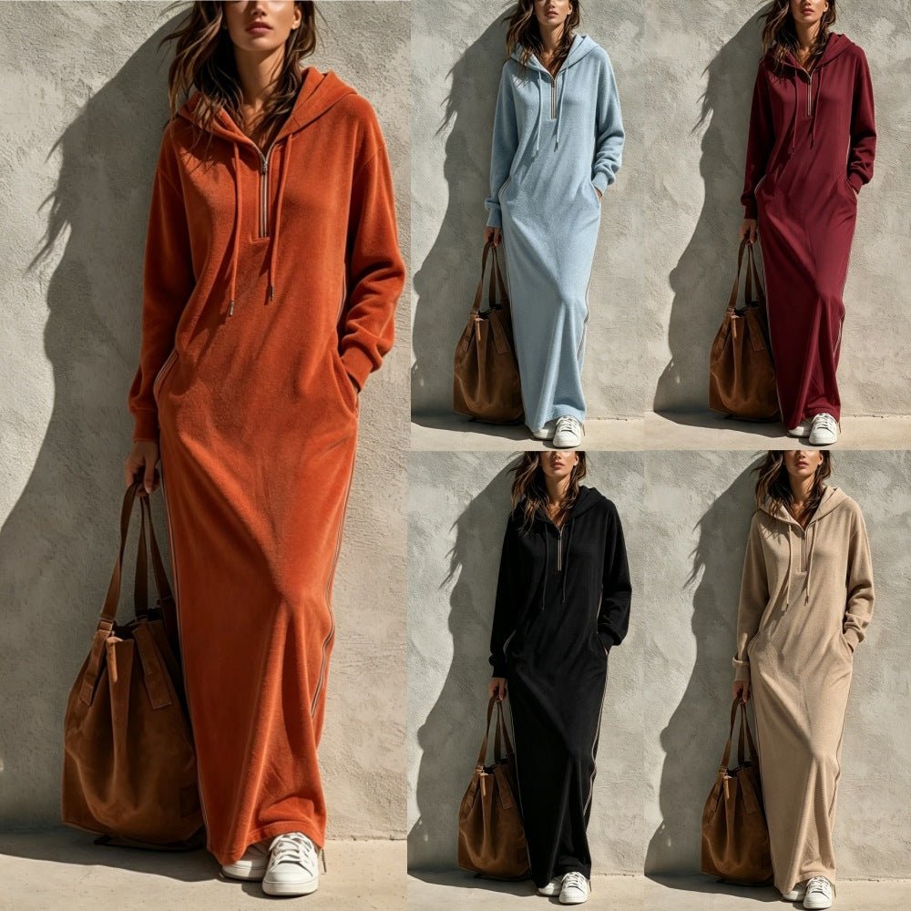 Hooded Half-Zip Long-Sleeve Dress
