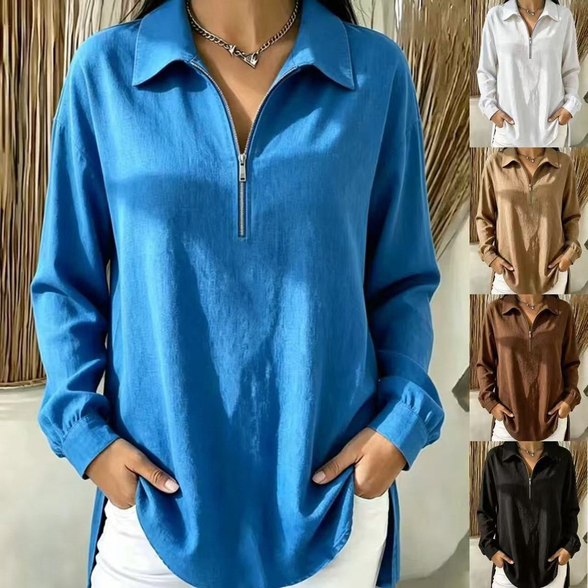 Relaxed-Fit Lapel Shirt with Zip Detail